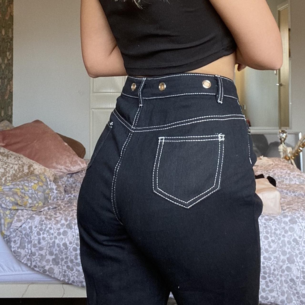 Black jeanstyle trousers with white contrast stitch... Depop