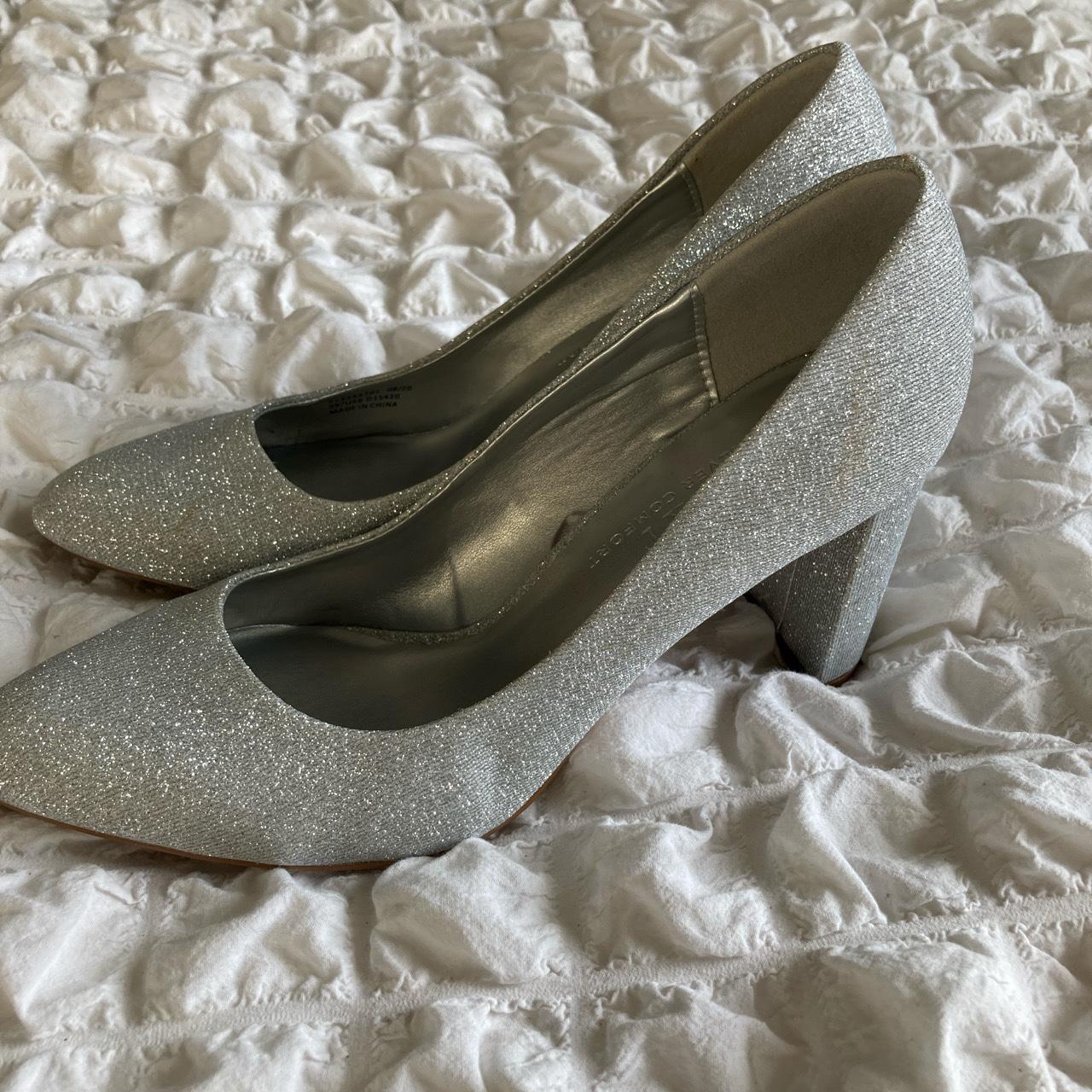 sparkly silver block heels