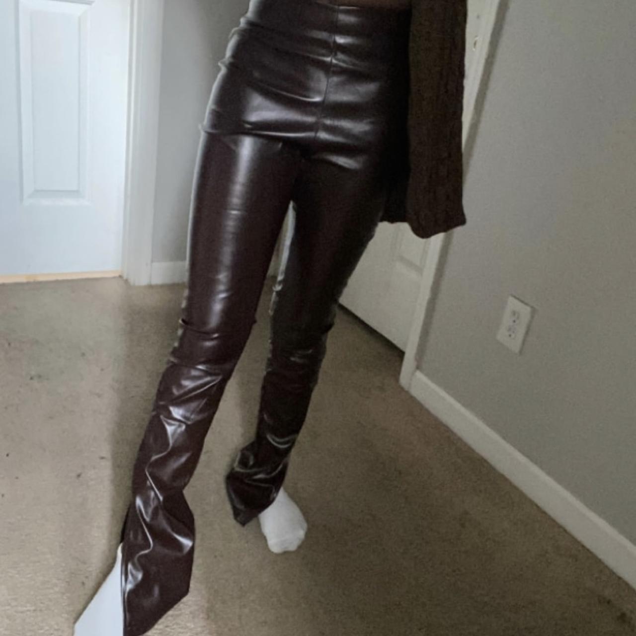 Brown split hem leather pants Only tried on Fit... Depop