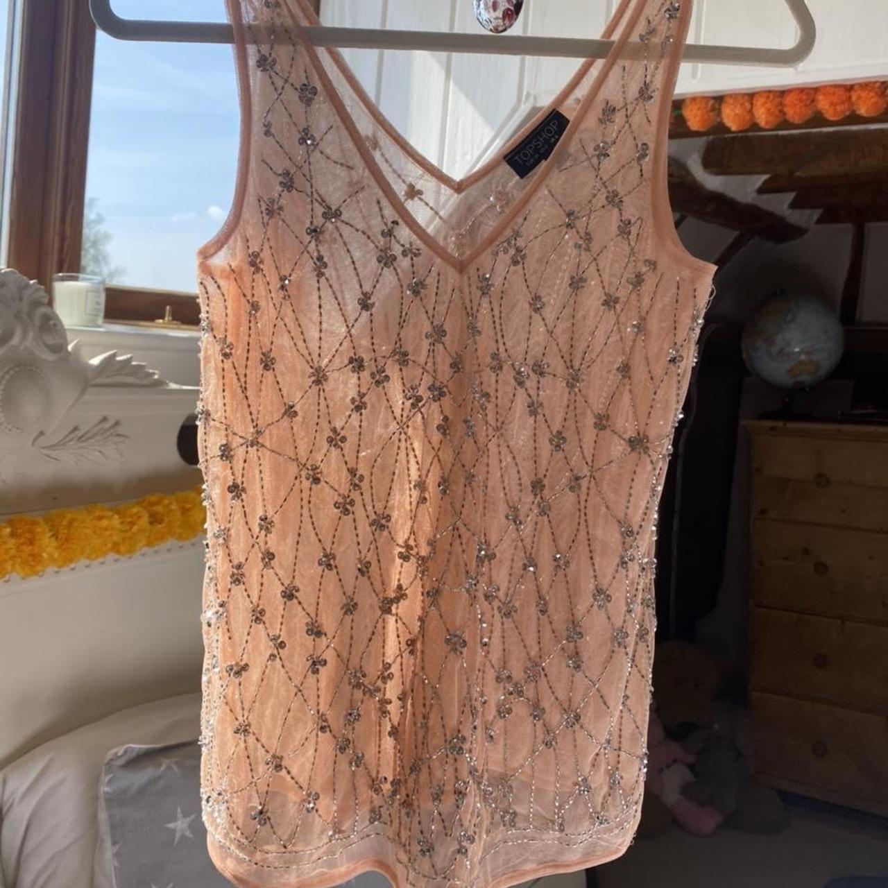 Sheer glittery mesh cami top with lace detail, size - Depop
