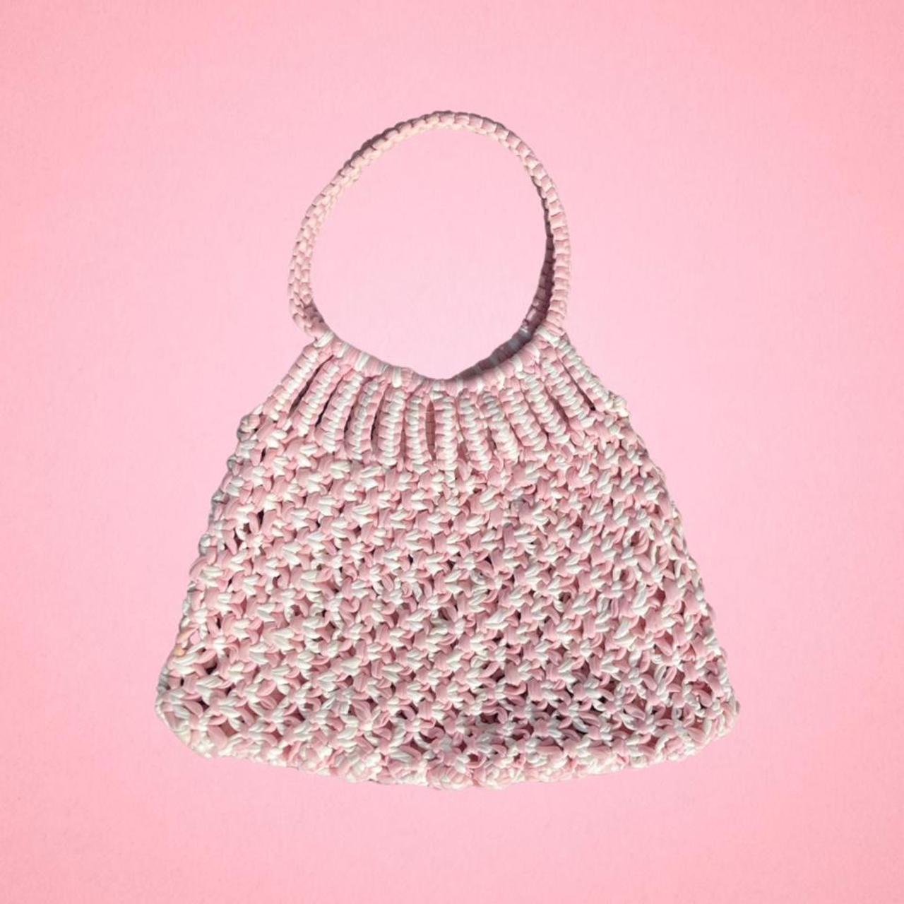 Cute little pink and white crochet / knit bag... - Depop