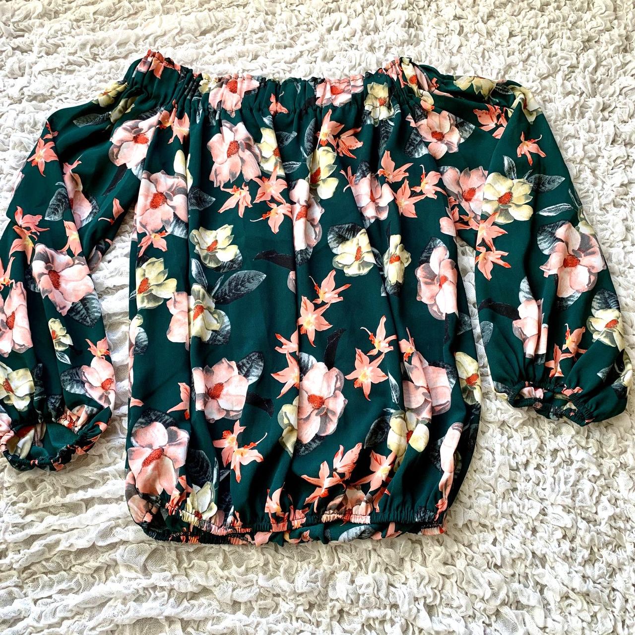 Philosophy Apparel Women's Blouse - Green/Pink - XS – Pre-loved, Philosophy Green Floral Off The Shoulder …