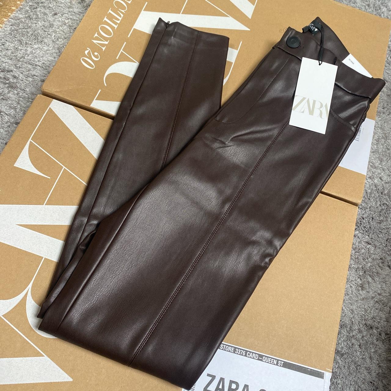 Zara faux leather leggings in chocolate Size - Depop