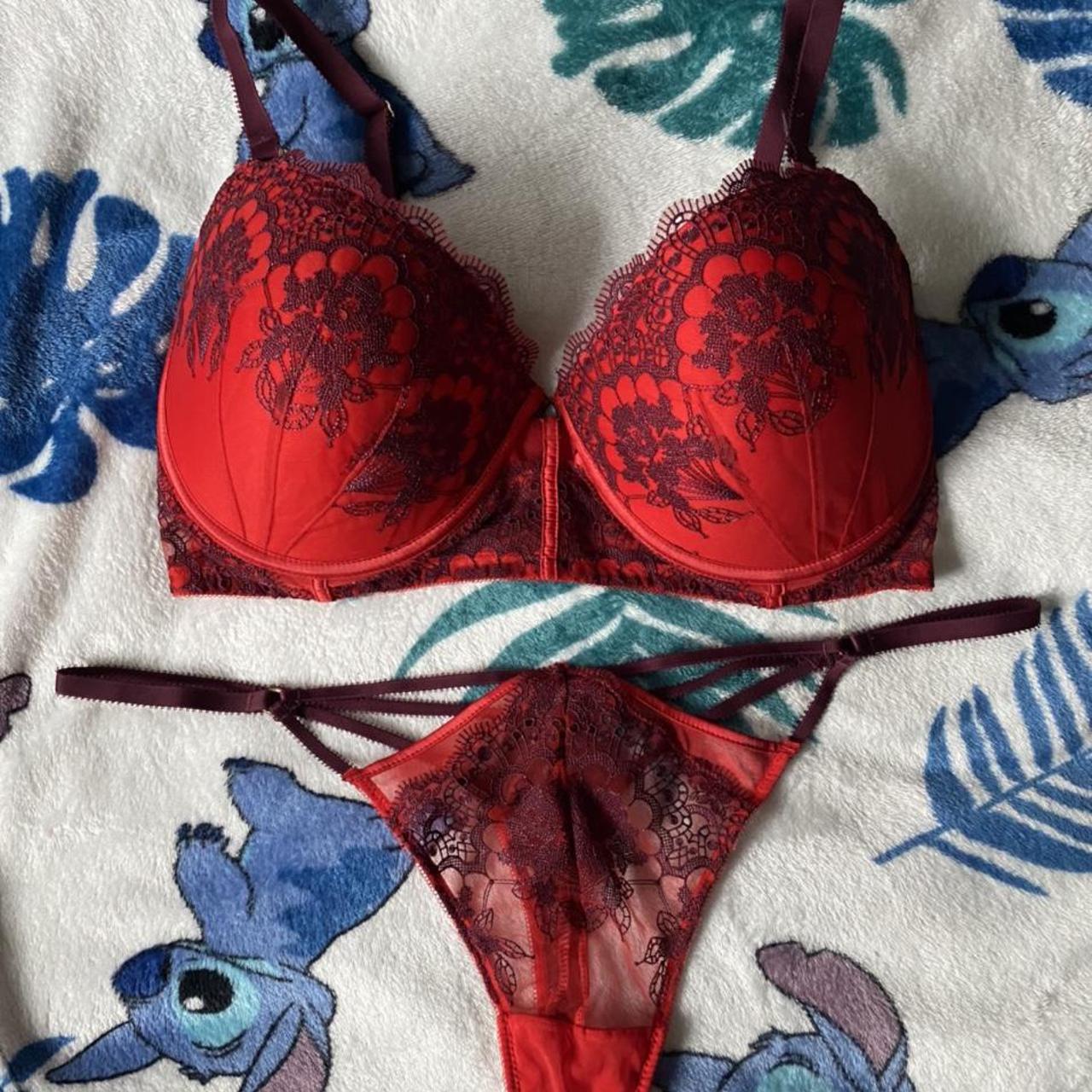 Red and maroon embroidered Lingerie set by - Depop