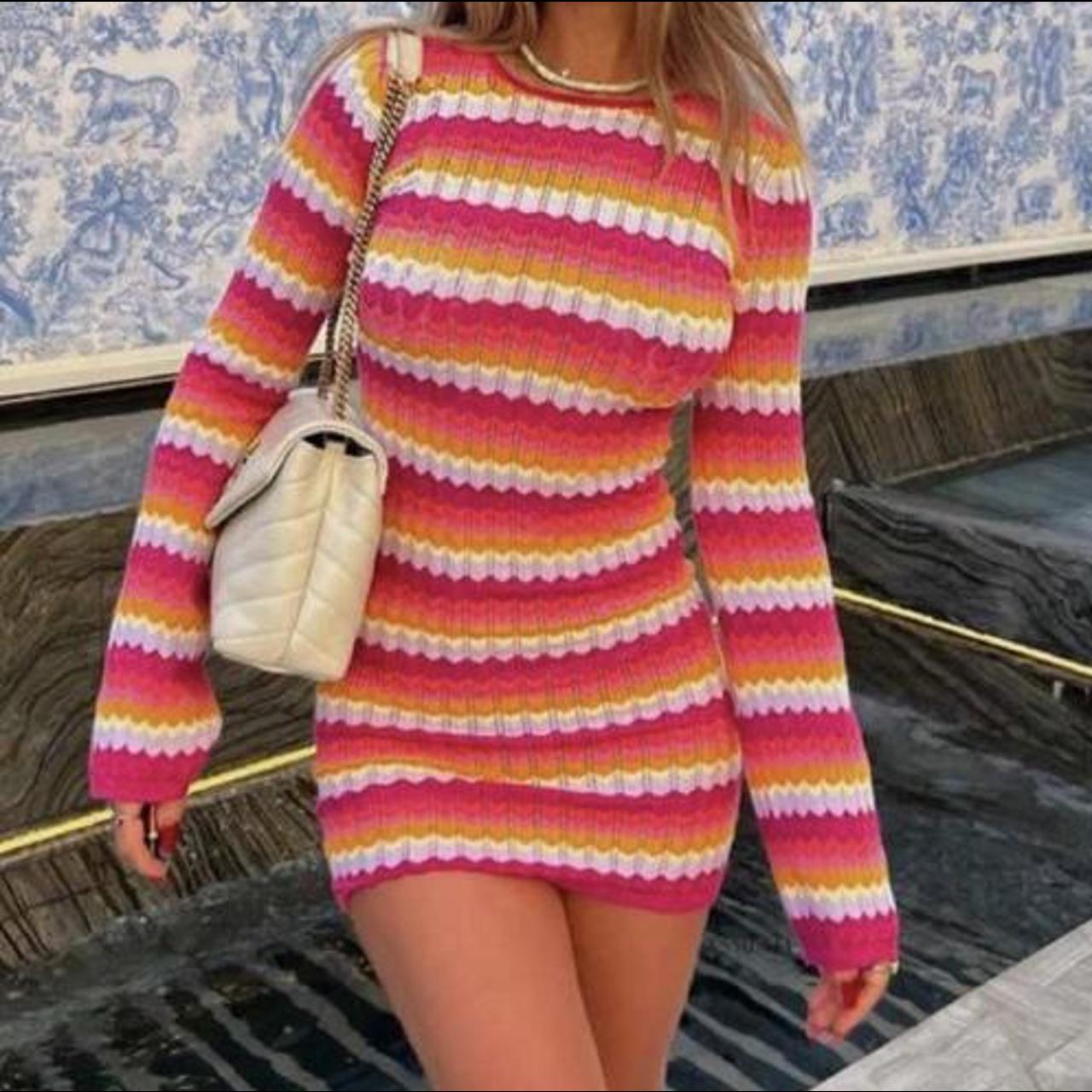 Bershka pink striped knitted dress Worn once Depop