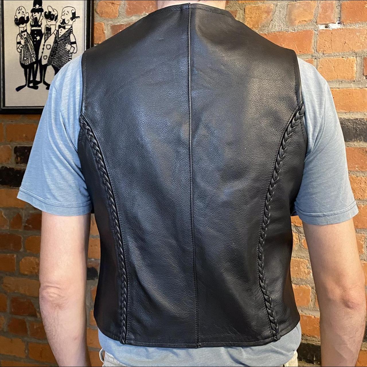 Black Leather Vintage Biker Vest Size: XL (Fits... - Depop