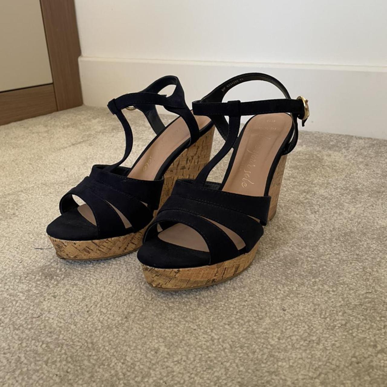 New Look Navy and cork Wedge Heels size 6, worn... - Depop