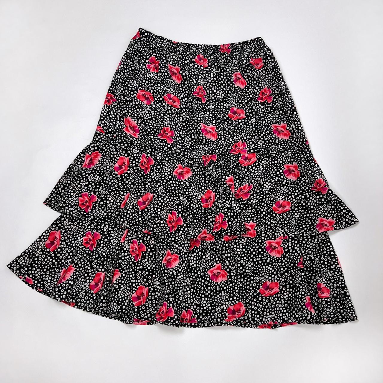 Tiered Ruffle Print Midi Skirt Color: Black , Pink,... - Depop