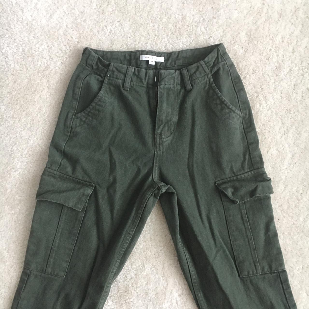 olive green cargo pants with two side pockets and... - Depop