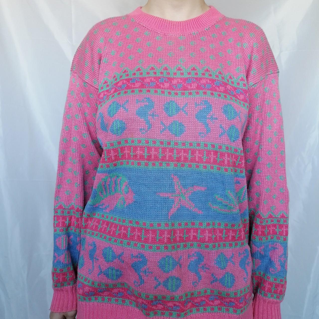 Vintage fairykei sea animals sweater, pink with blue... - Depop