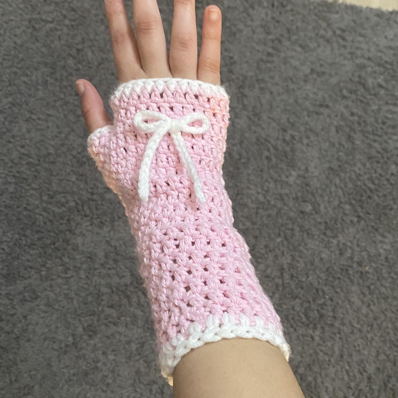 cutest pink and white crochet arm warmers (these are... Depop