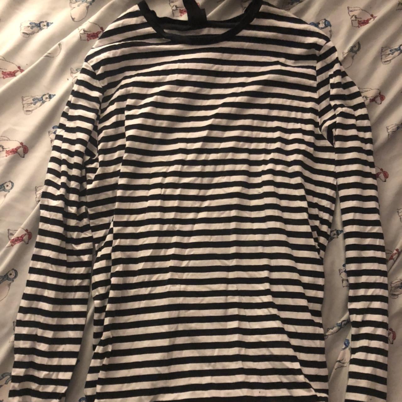 H&M striped t-shirt black and white worn twice... - Depop