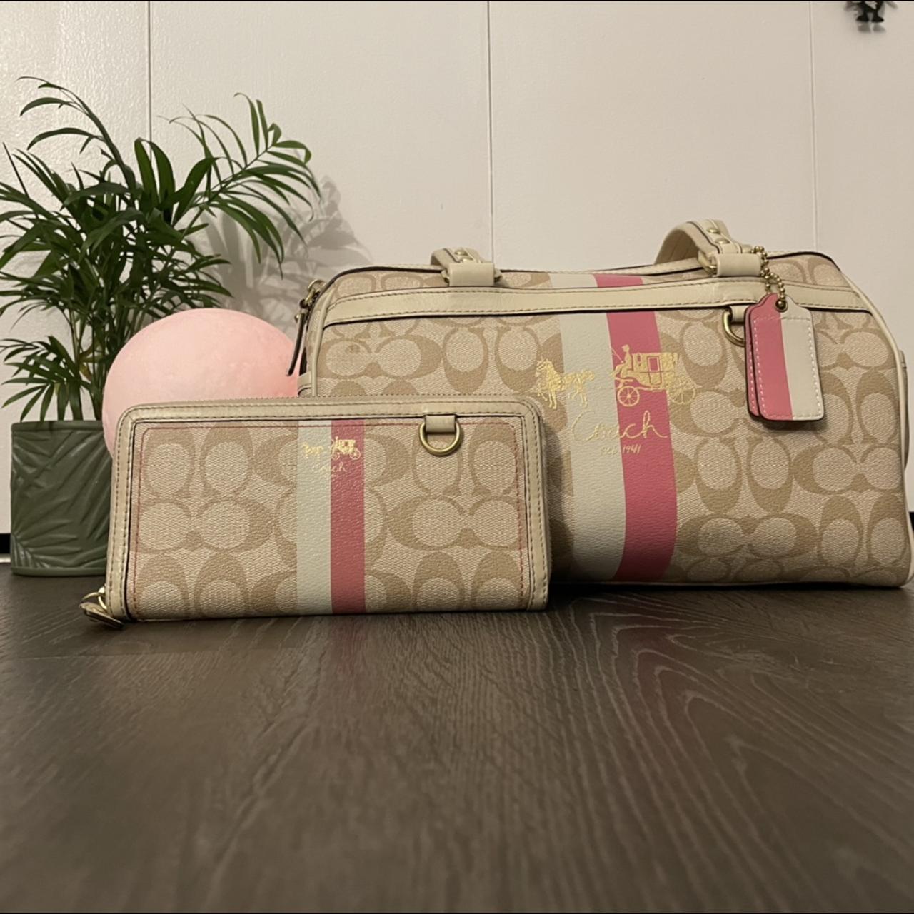 Coach Heritage Cream & Pink Stripe Satchel Handbag