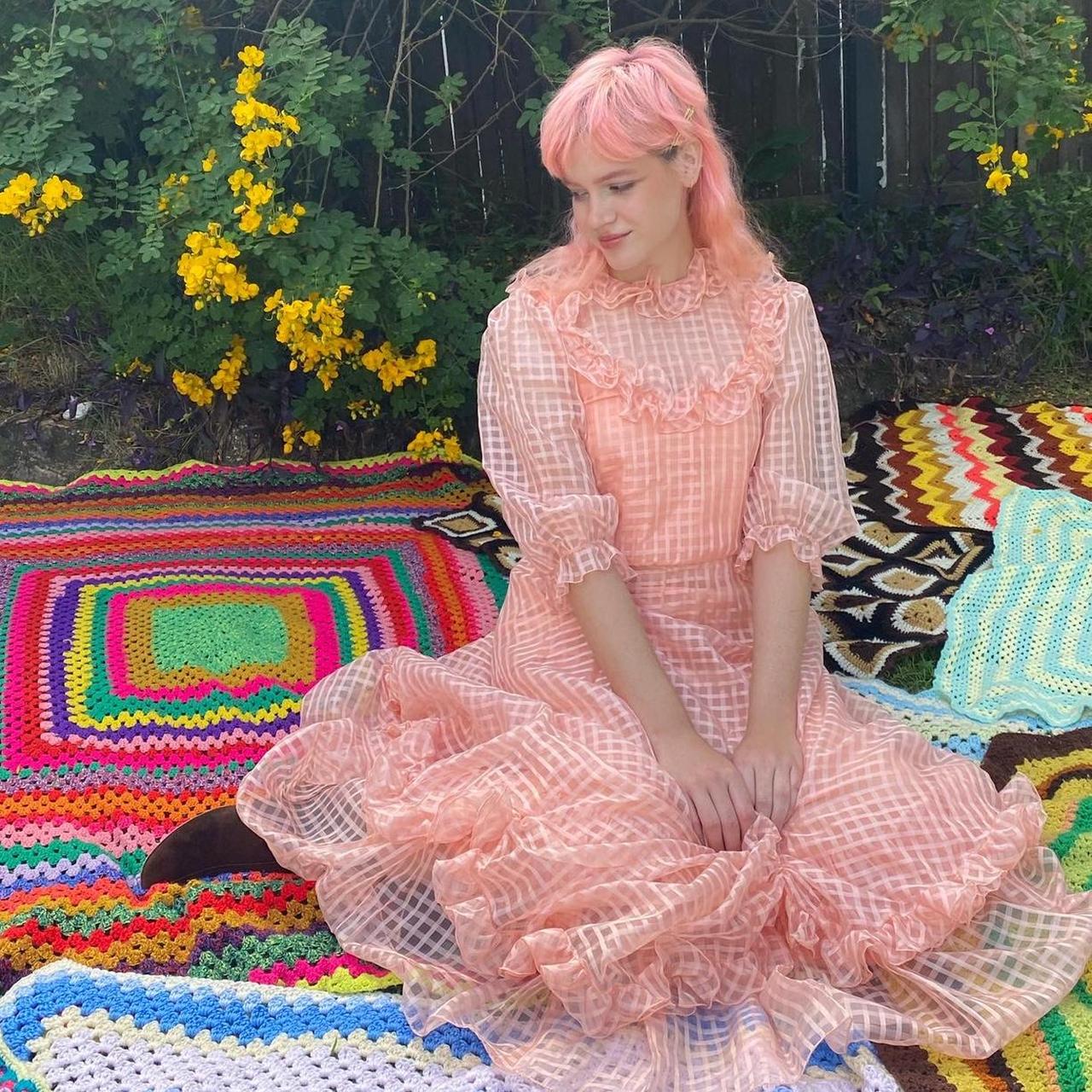 Vintage 80’s peach gingham prairie dress with A... - Depop