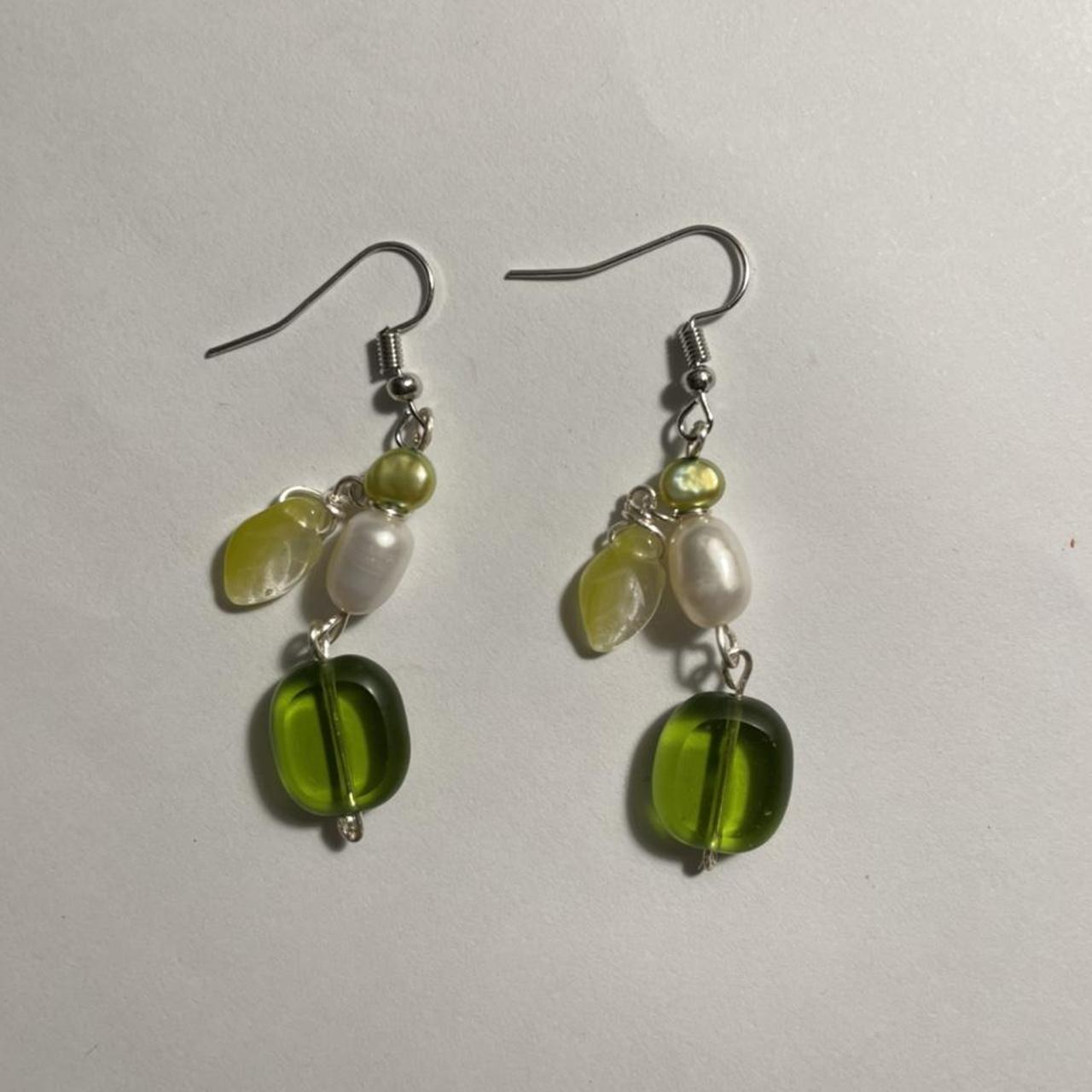 Green gem pearl leaf earrings Depop payments... - Depop