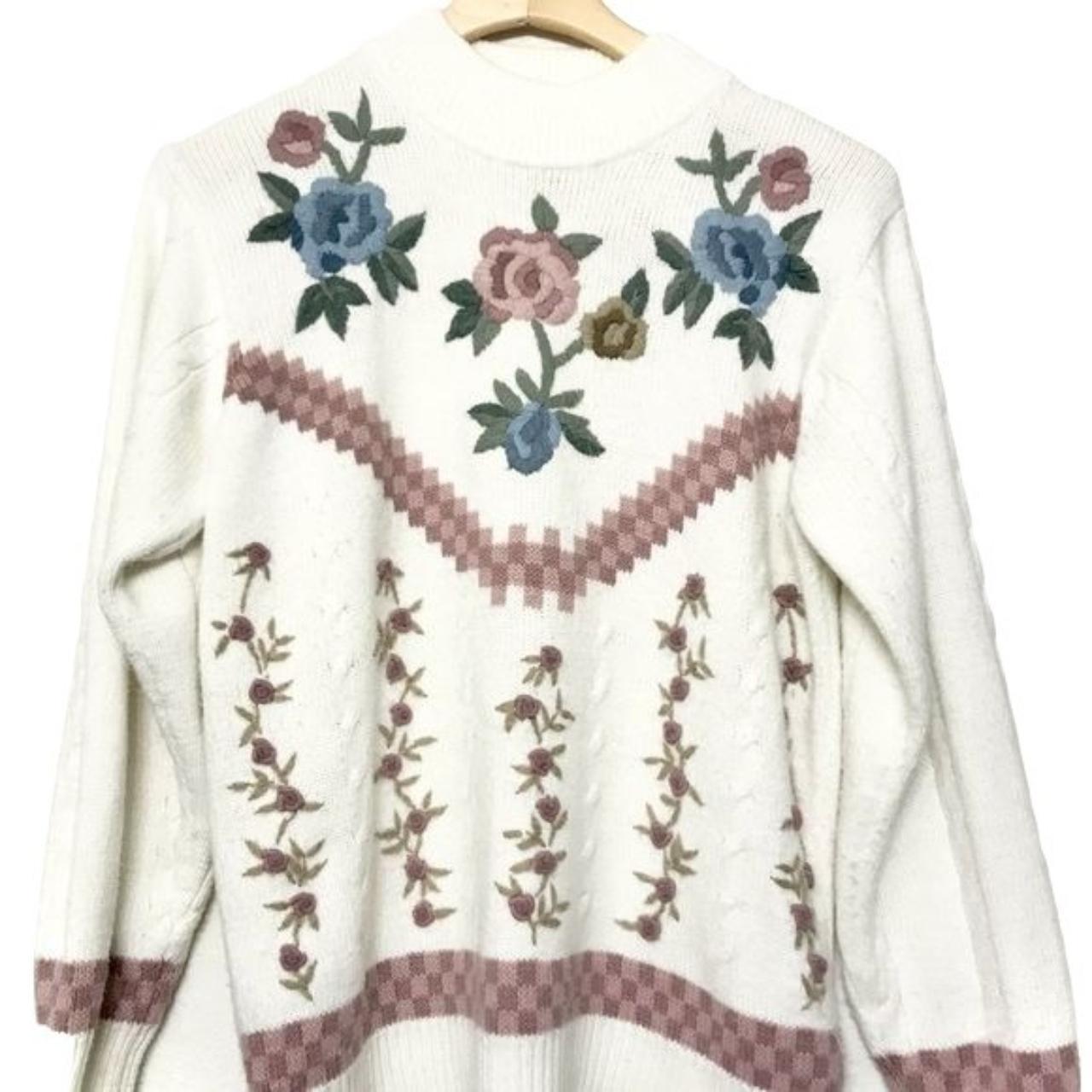 Vintage Ivory Floral Embroidered Checkered Ribbed... - Depop