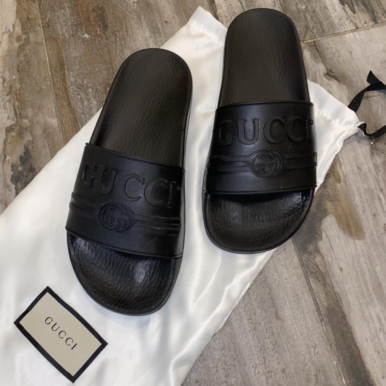 black rubber gucci slides with silk storage bag Depop