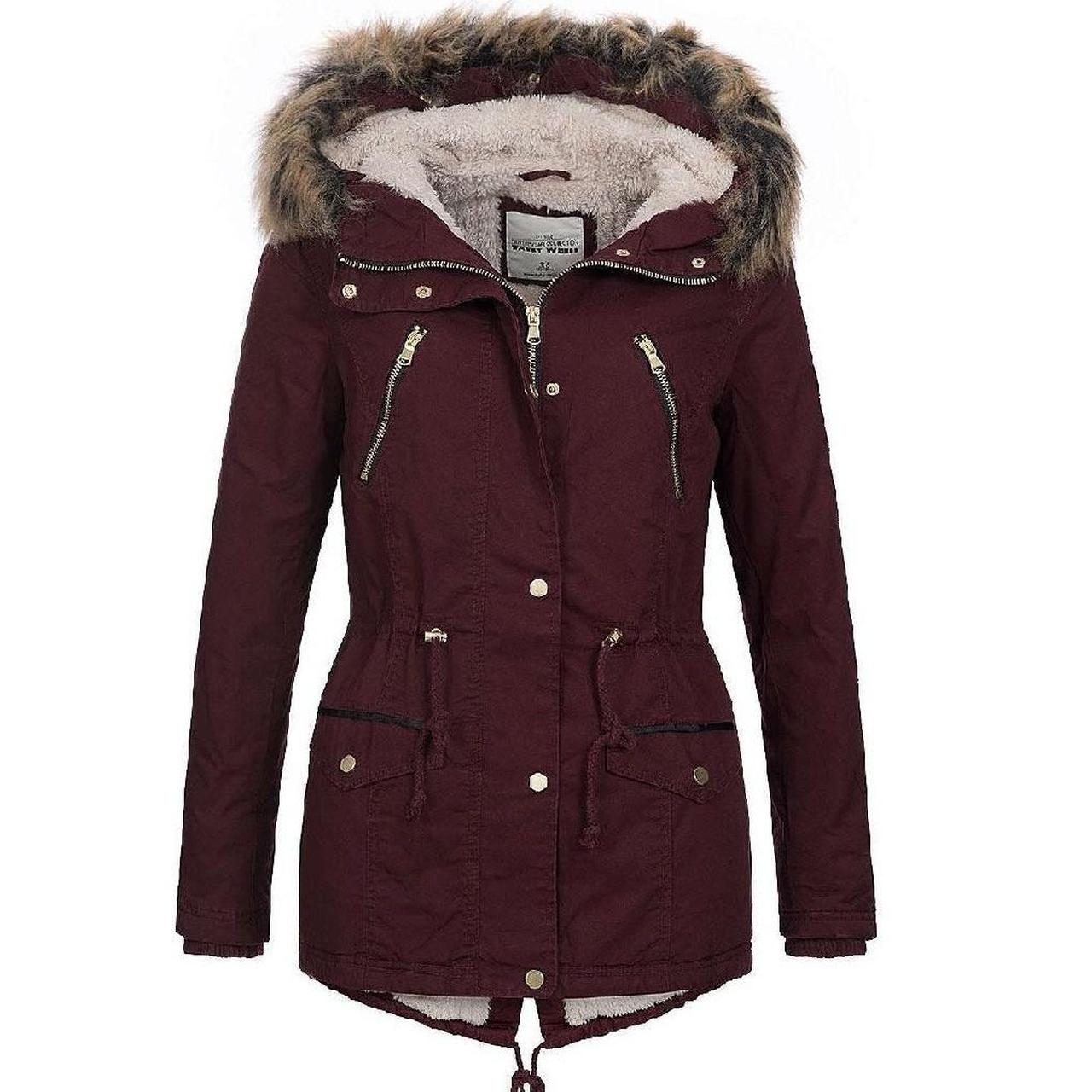 Tally Weijl Burgundy Parka Coat with fur inner... - Depop