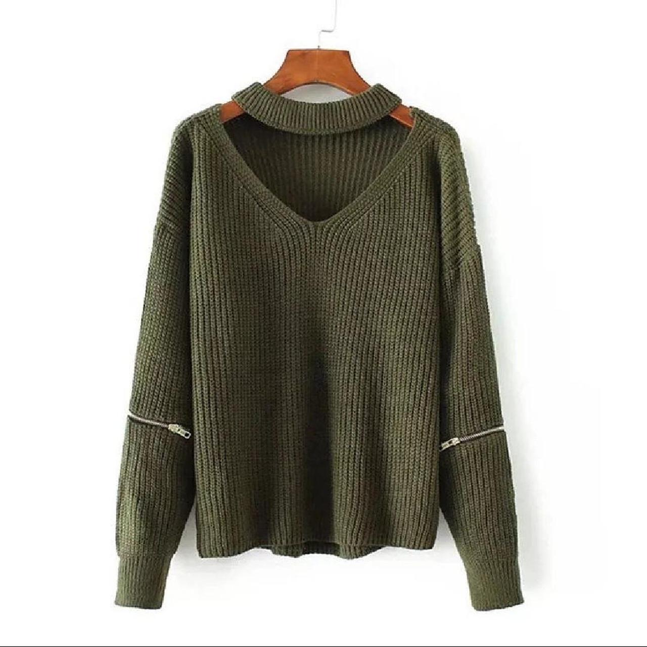V Neck Collar Knitted Sweater With Zippers - Thick... - Depop