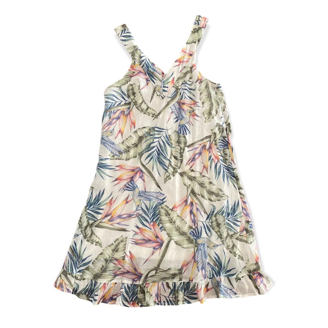 tropical island mini dress: linen mini dress with a... - Depop