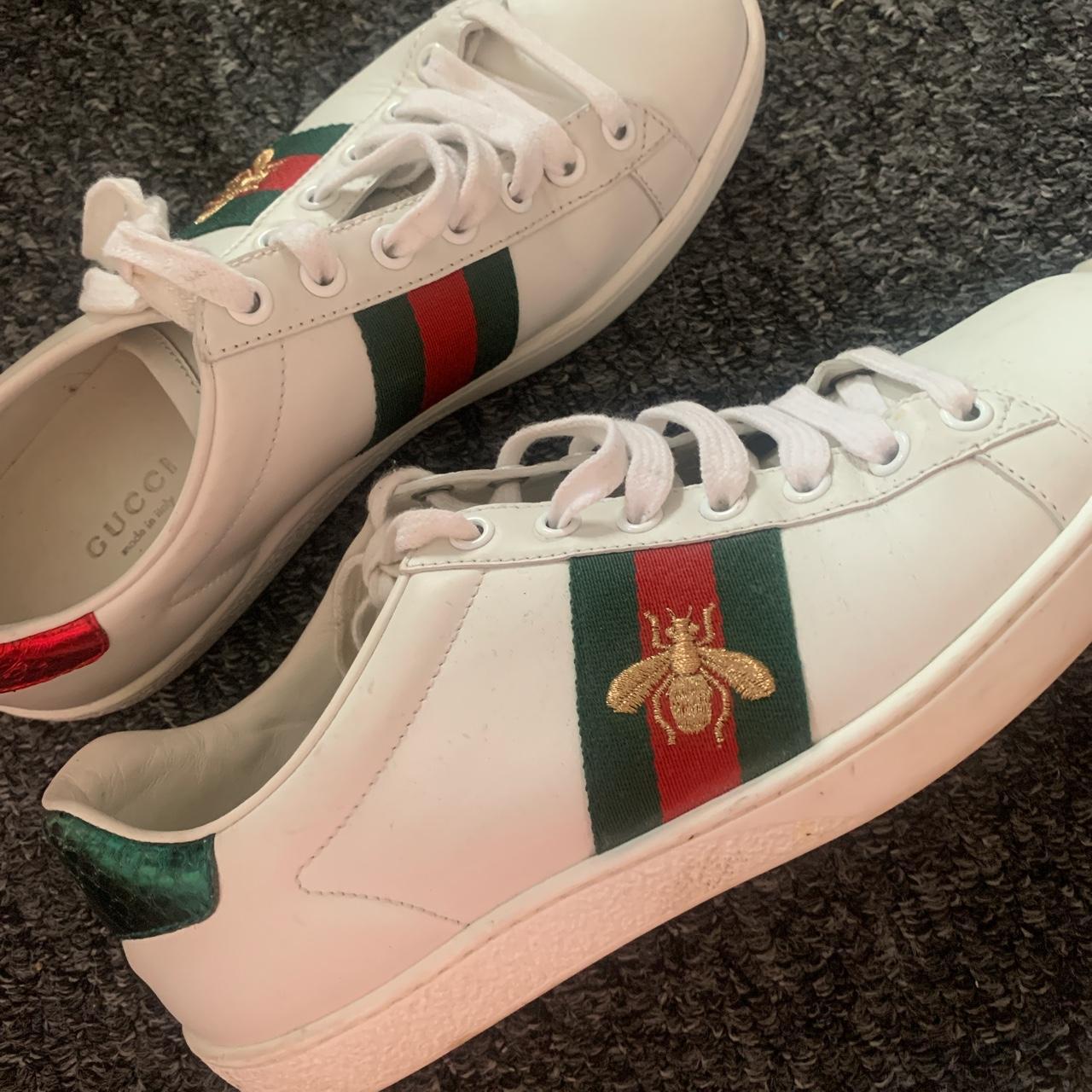 GUCCI WOMENS ACE BEE EMBROIDERED LEATHER TRAINERS... - Depop