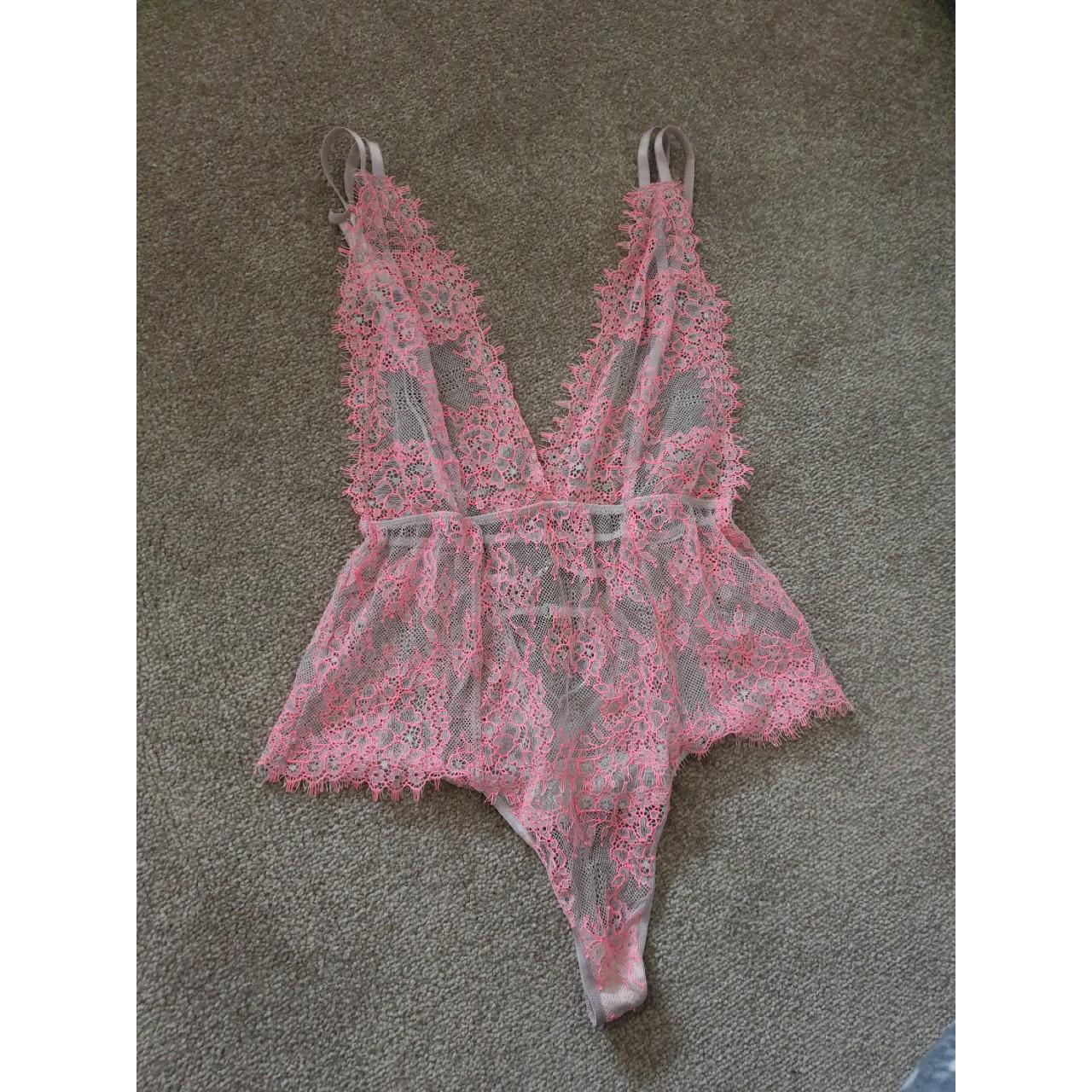 Stunning Pink Lace Bodysuit With Open Back Bra In Depop