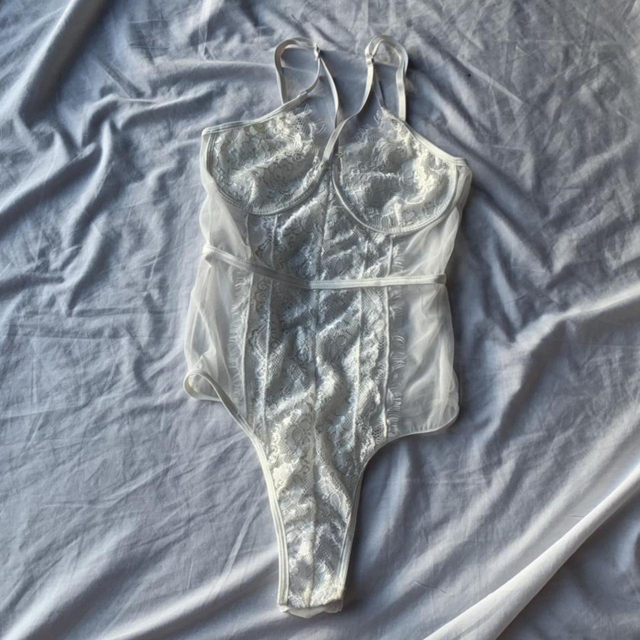 Lace sheer mesh white corset bodysuit • Size small •... Depop