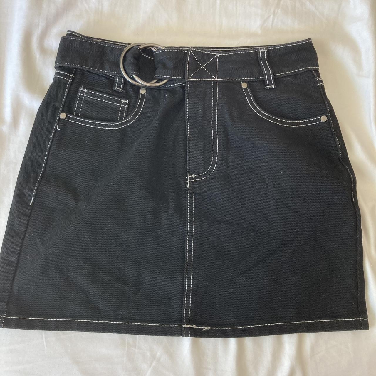 black denim skirt with white contrast stitching... Depop