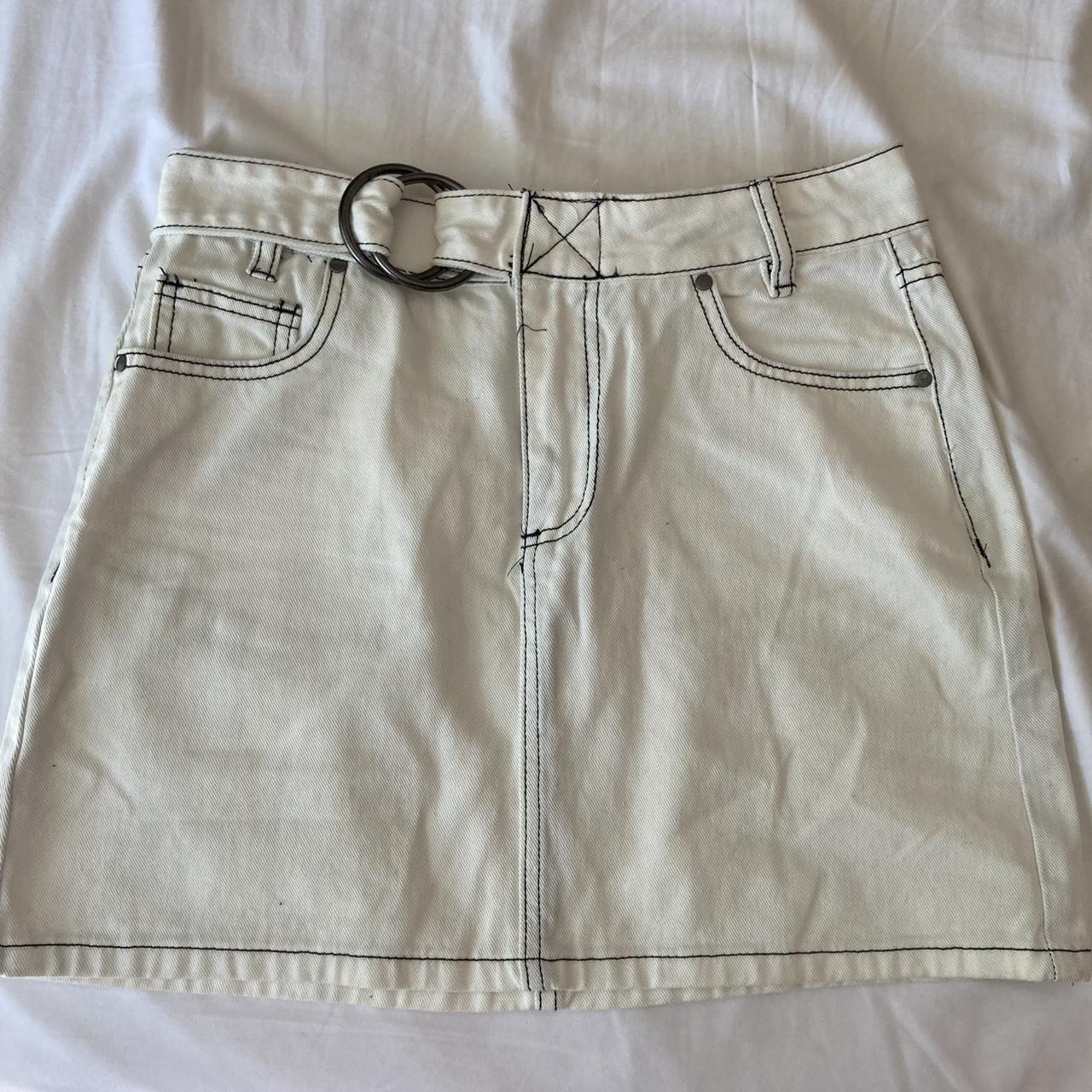 black denim skirt with white contrast stitching... Depop