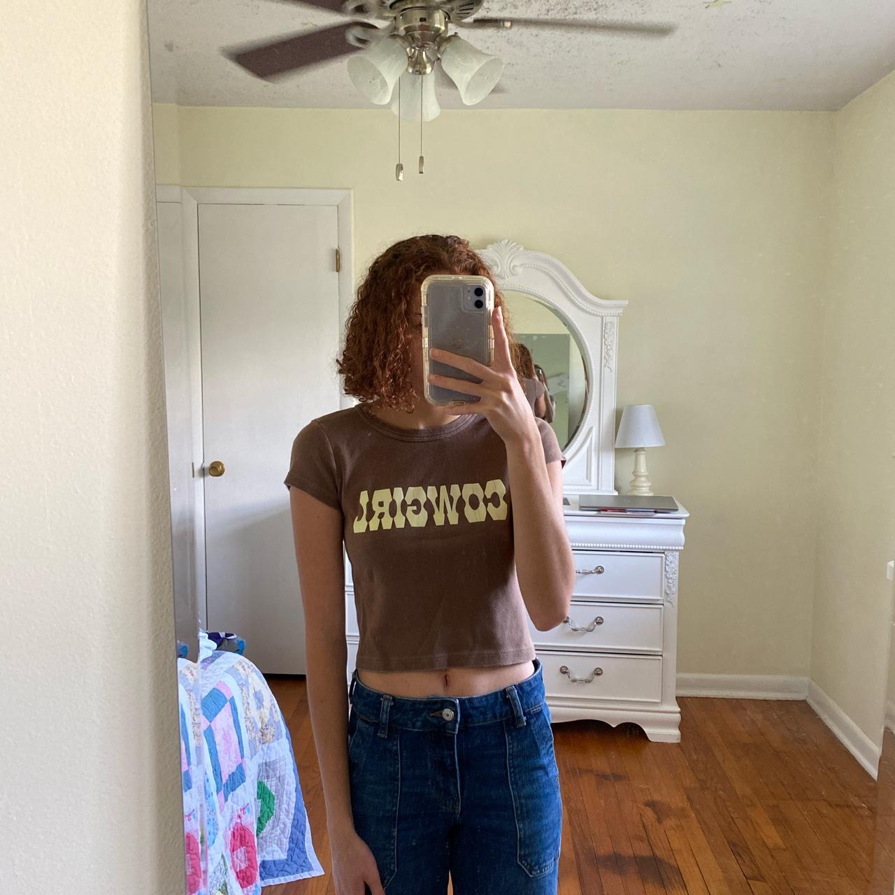 Brandy Melville Women's Brown and Cream T-shirt | Depop