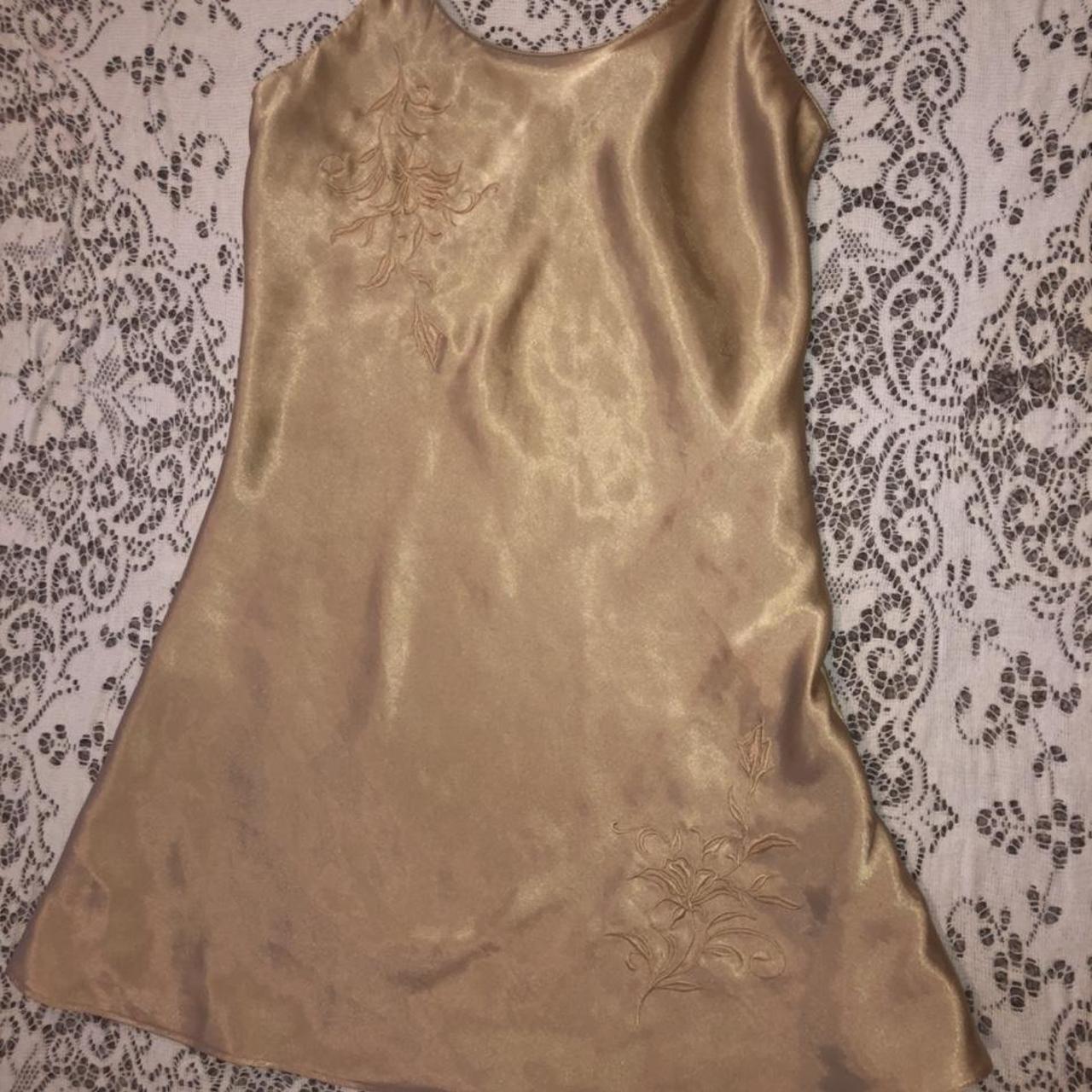 •vintage gold slip dress •floral embroidery... - Depop