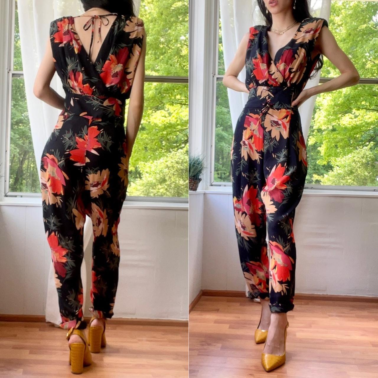 Navy blue chiffon Zara jumpsuit with red and