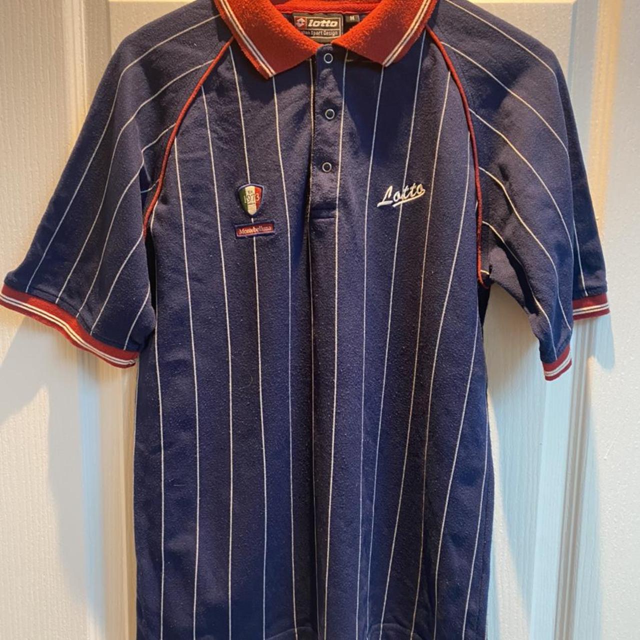 Italy Lotto Polo Shirt Medium Pin Stripe Blue... - Depop