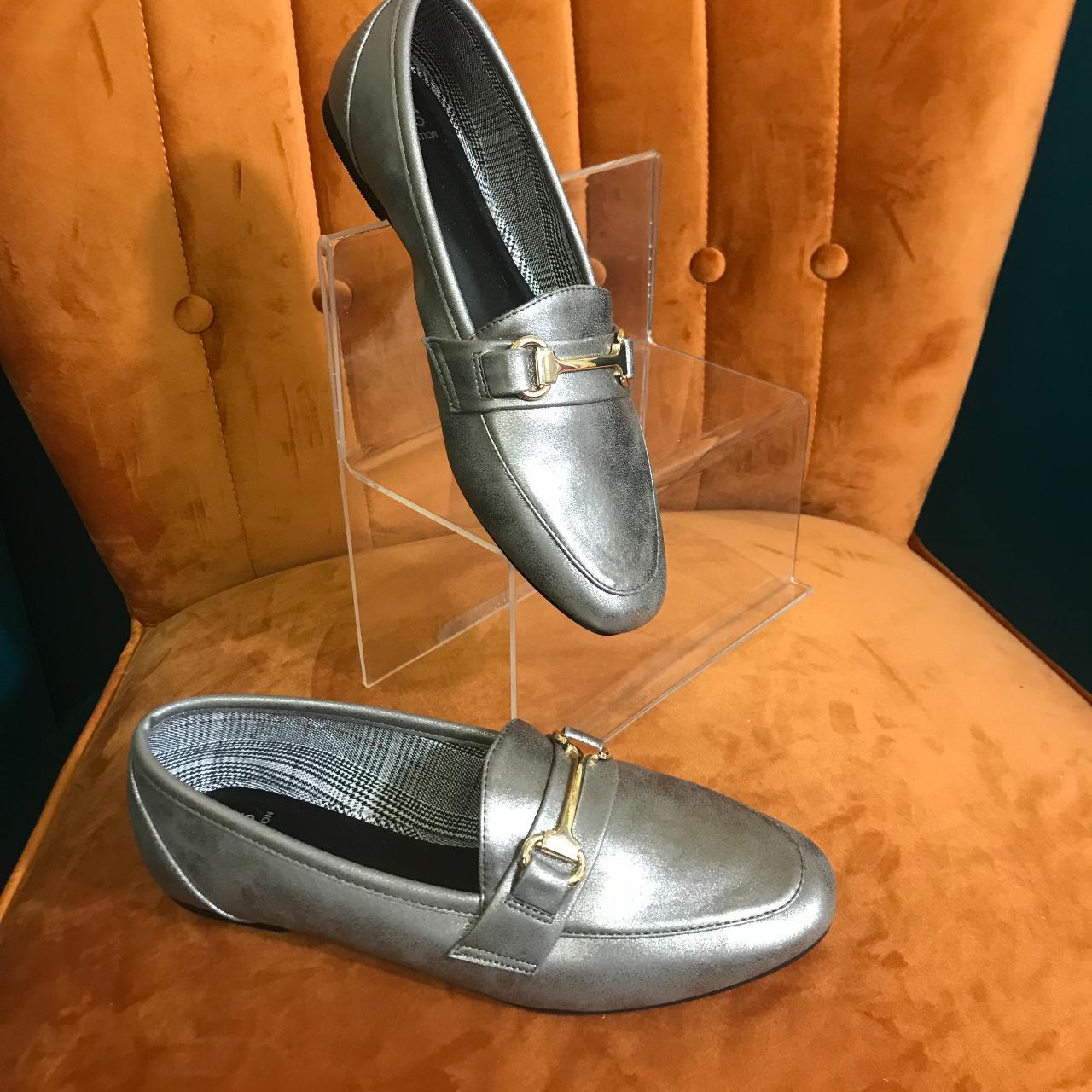 Marks and Spencer Pewter coloured Loafer with gold... Depop