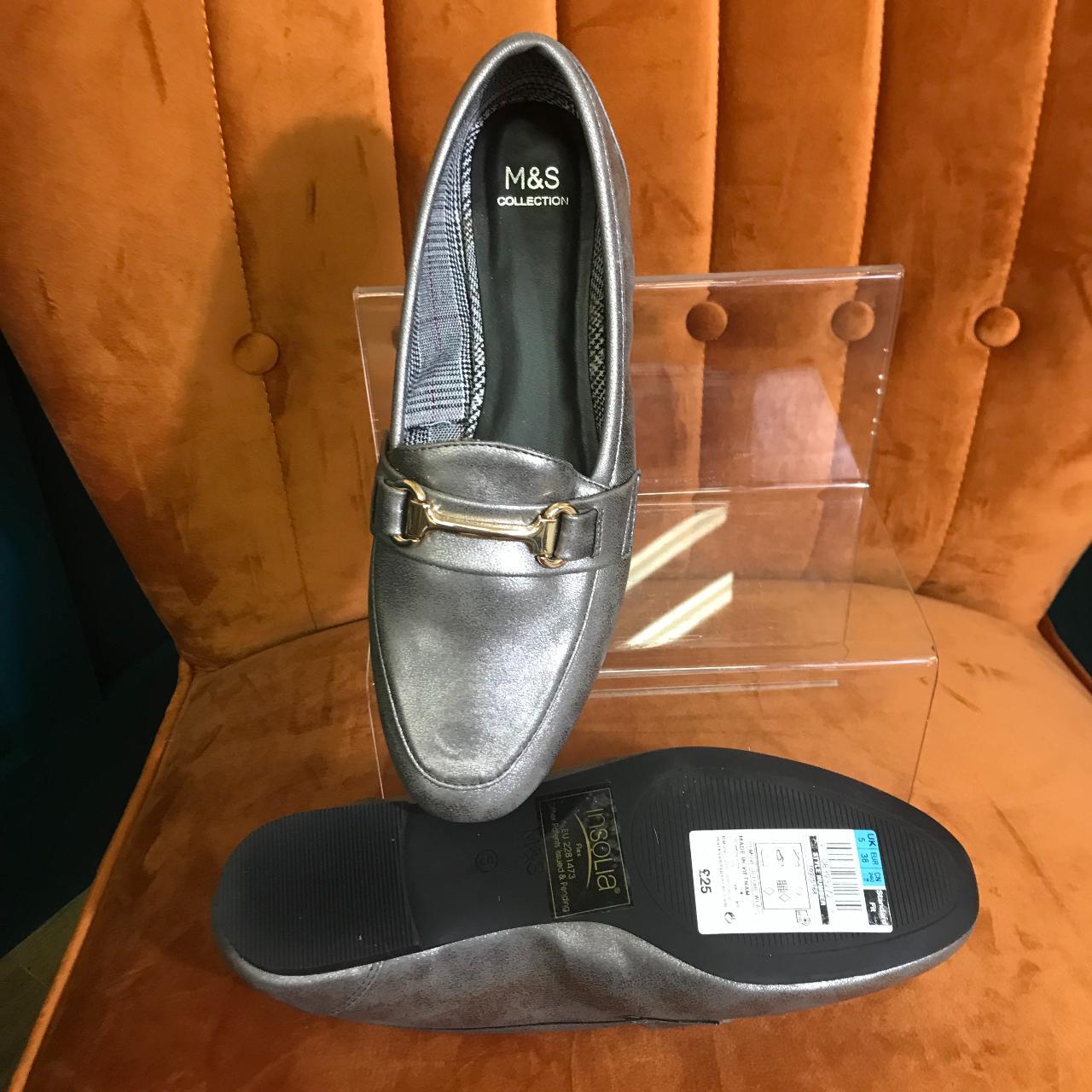 Marks and Spencer Pewter coloured Loafer with gold... Depop