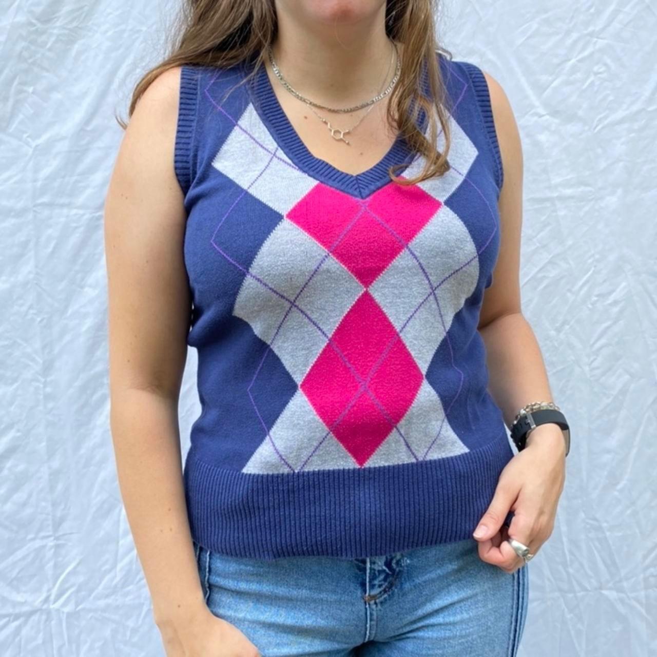 Navy blue sweater vest with pink purple and grey... - Depop