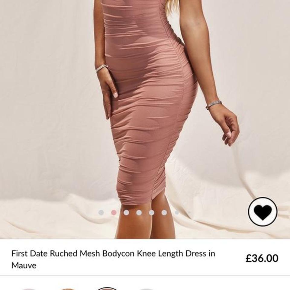 First Date Ruched Mesh Bodycon Knee Length Dress in Mauve