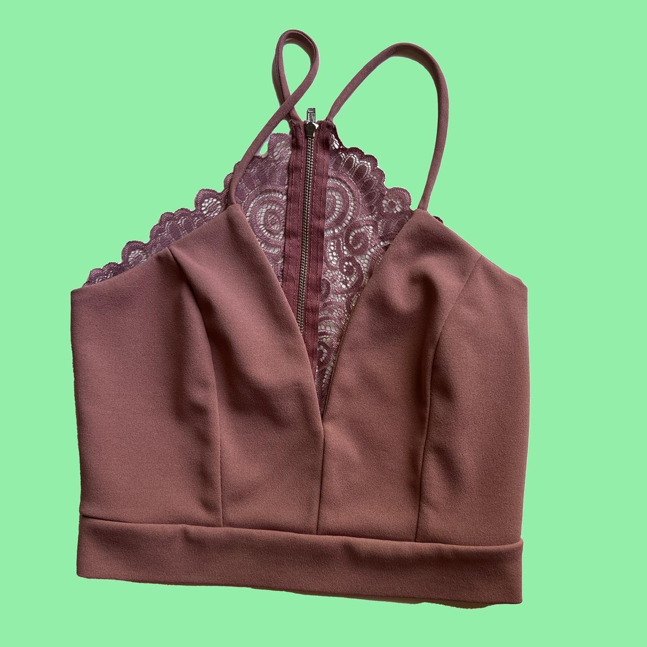 Dark pink cropped halter top with a lace and zip up... - Depop