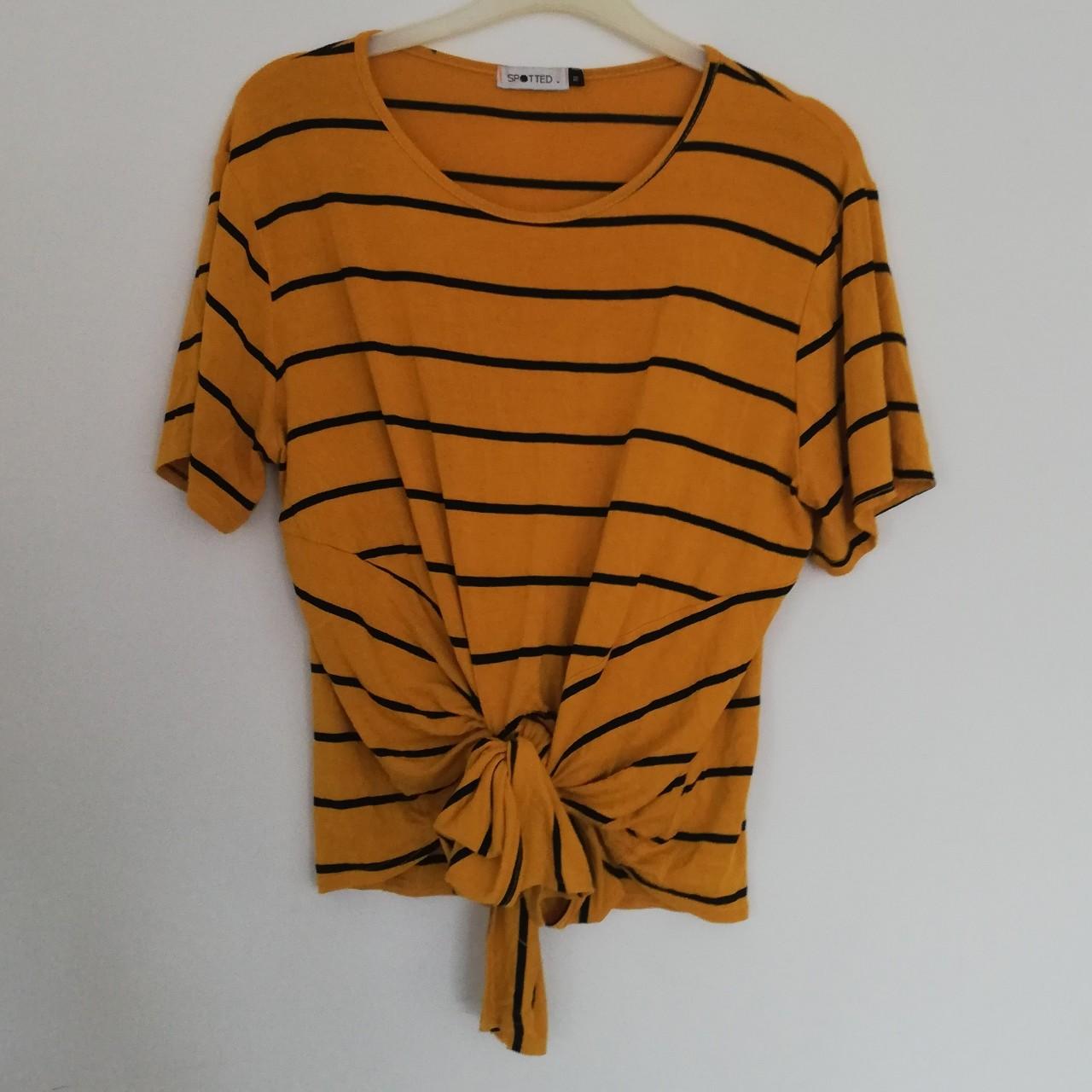 Mustard yellow with black strips top with tie bow at... - Depop