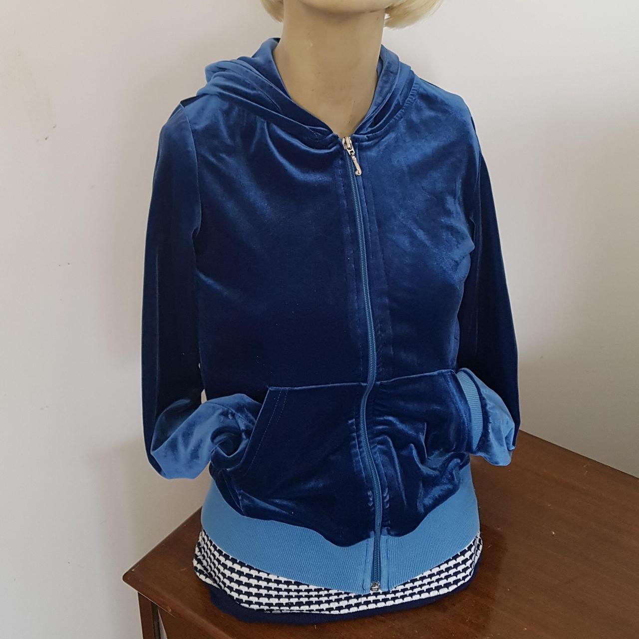 Velour Velvet Electric Blue Zip Front Hoodie with... Depop