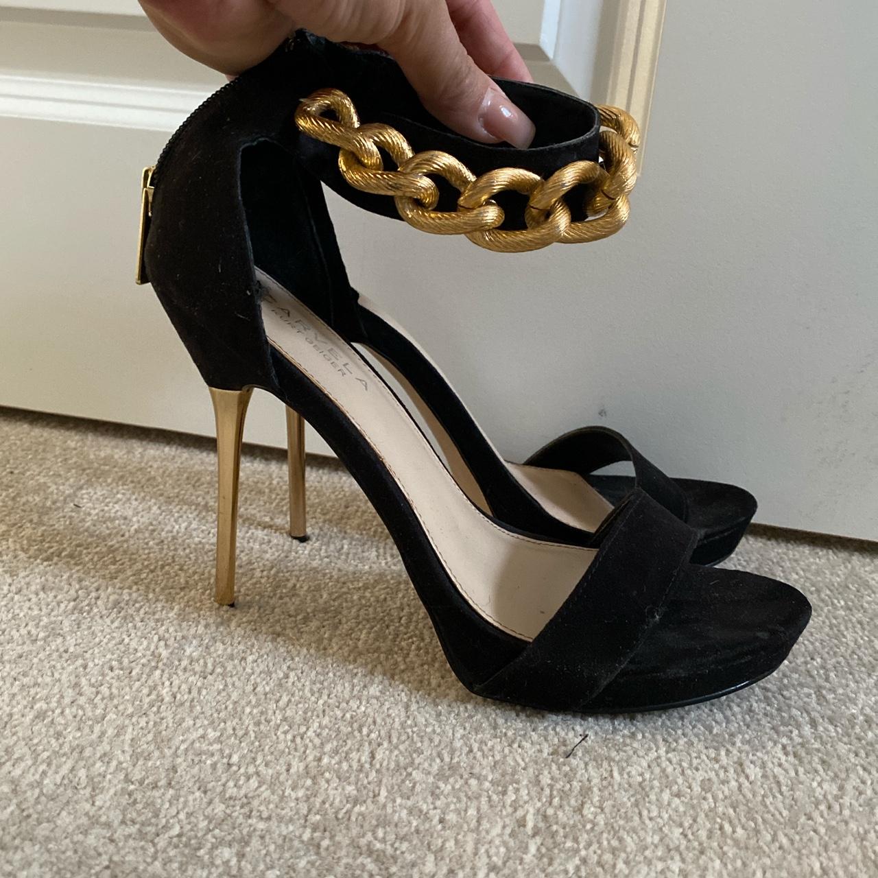 Kurt Geiger Carvella black heels with gold chains... - Depop