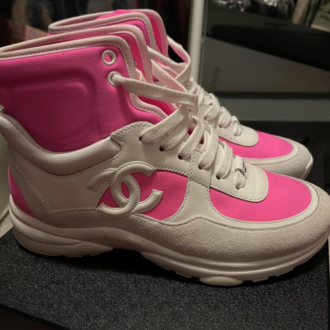Neon pink/white Chanel high top trainers. These... - Depop