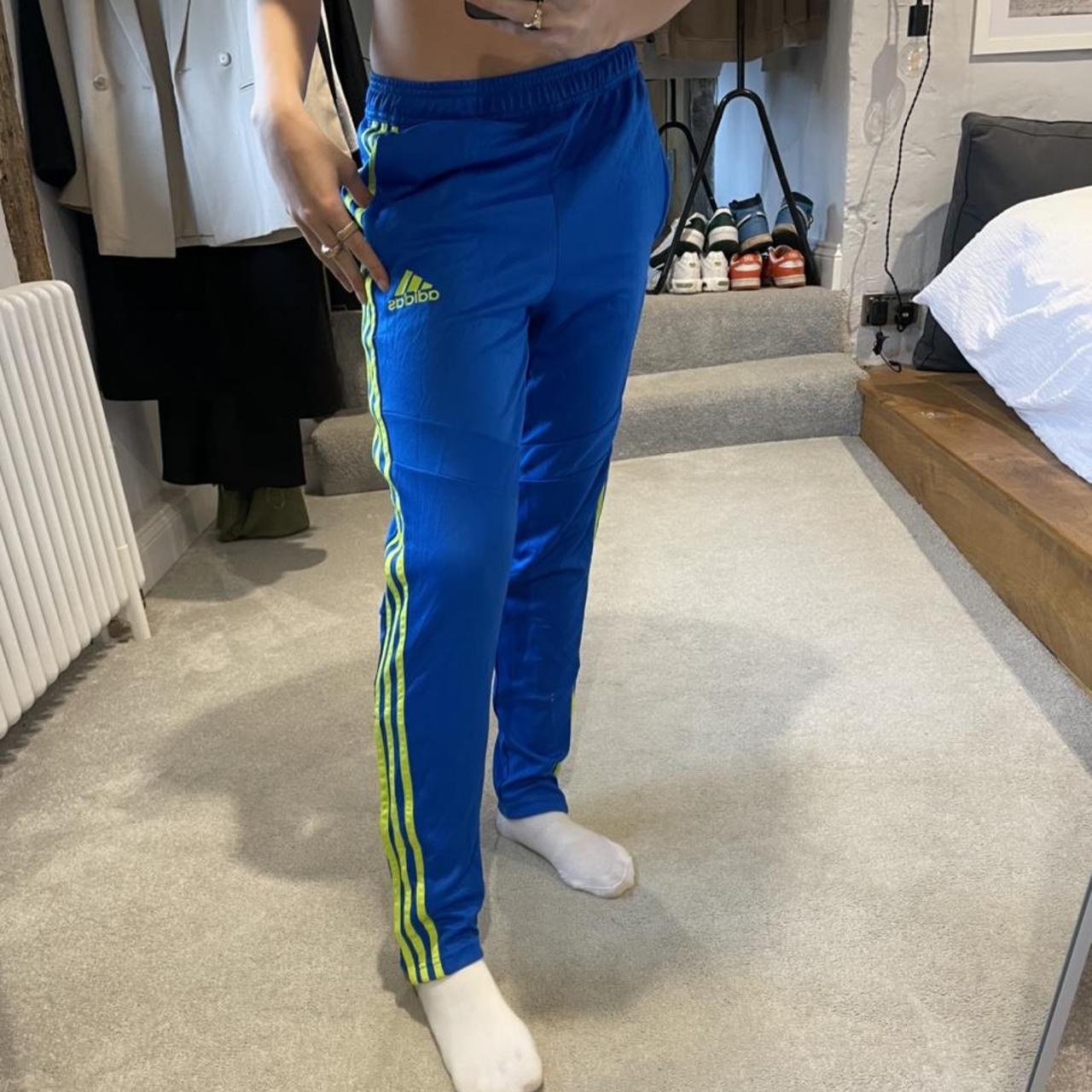 blue and neon adidas pants