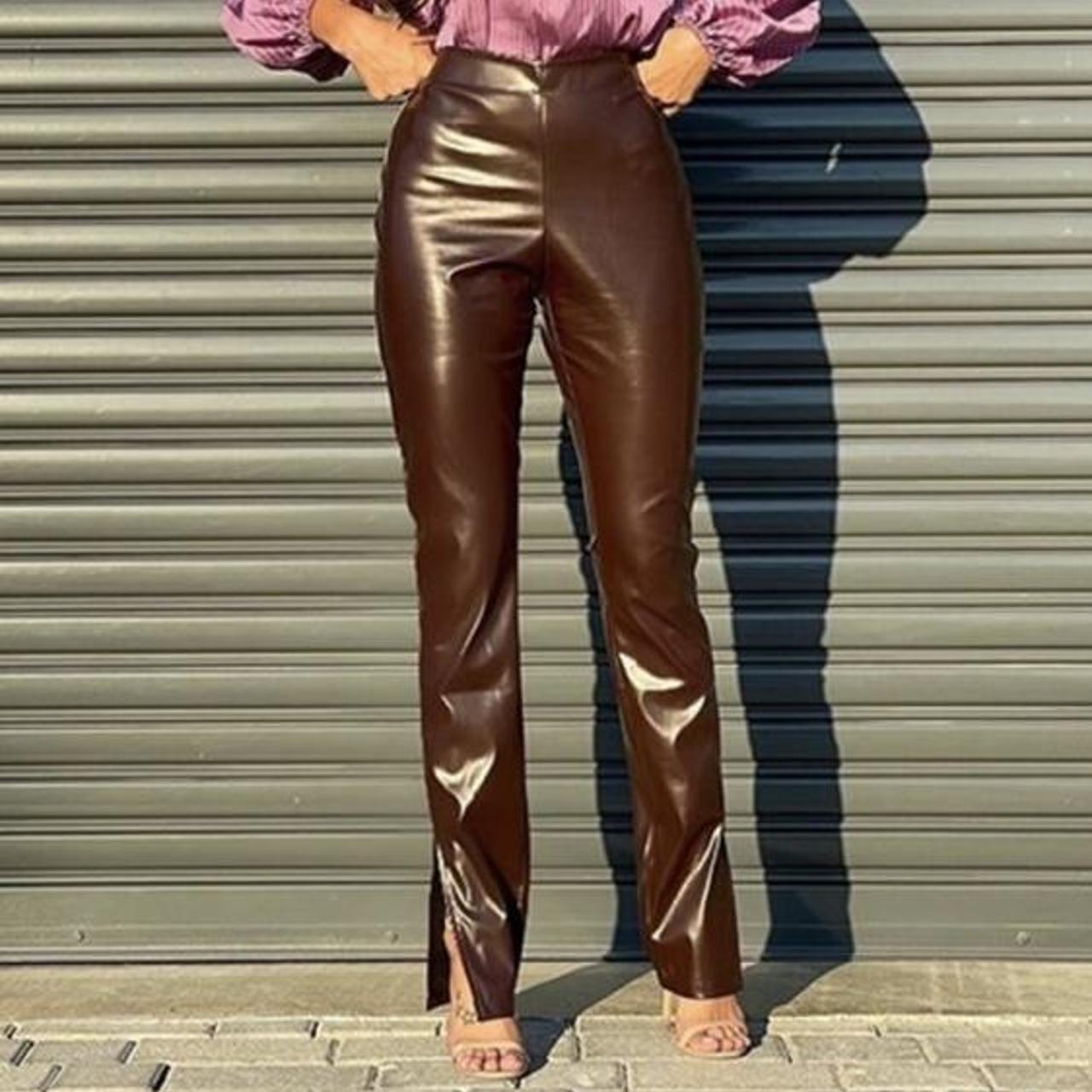 Brown leather trousers with slit at the bottom size... - Depop