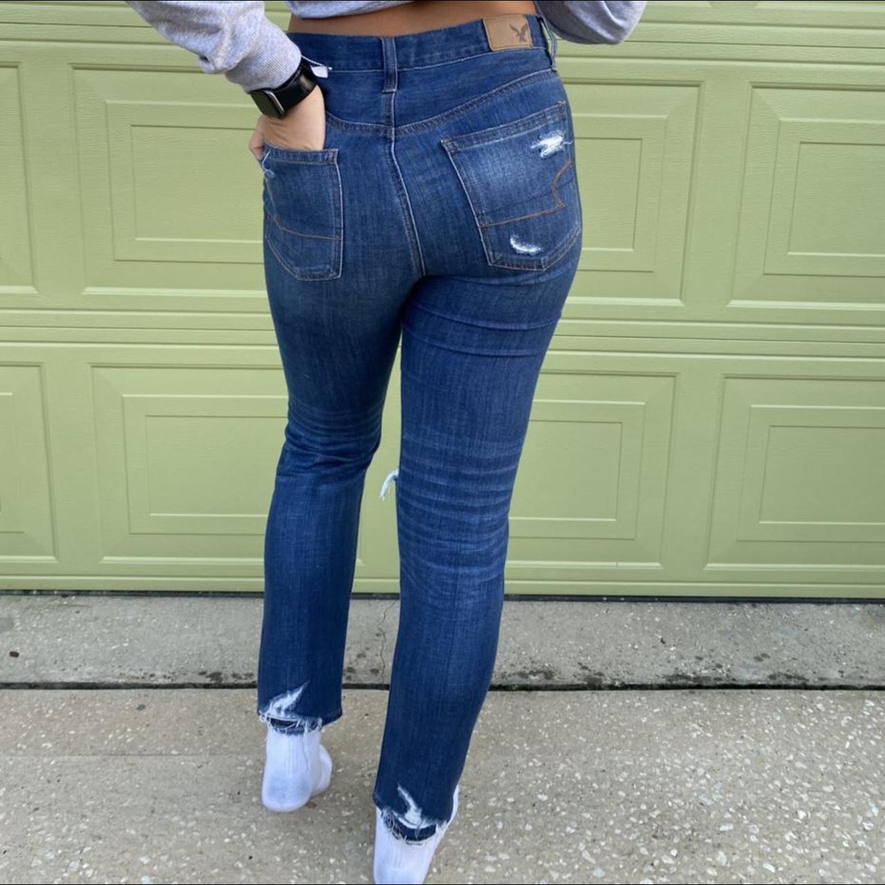 American Eagle Womens Blue High Rise Ripped Jeans... - Depop