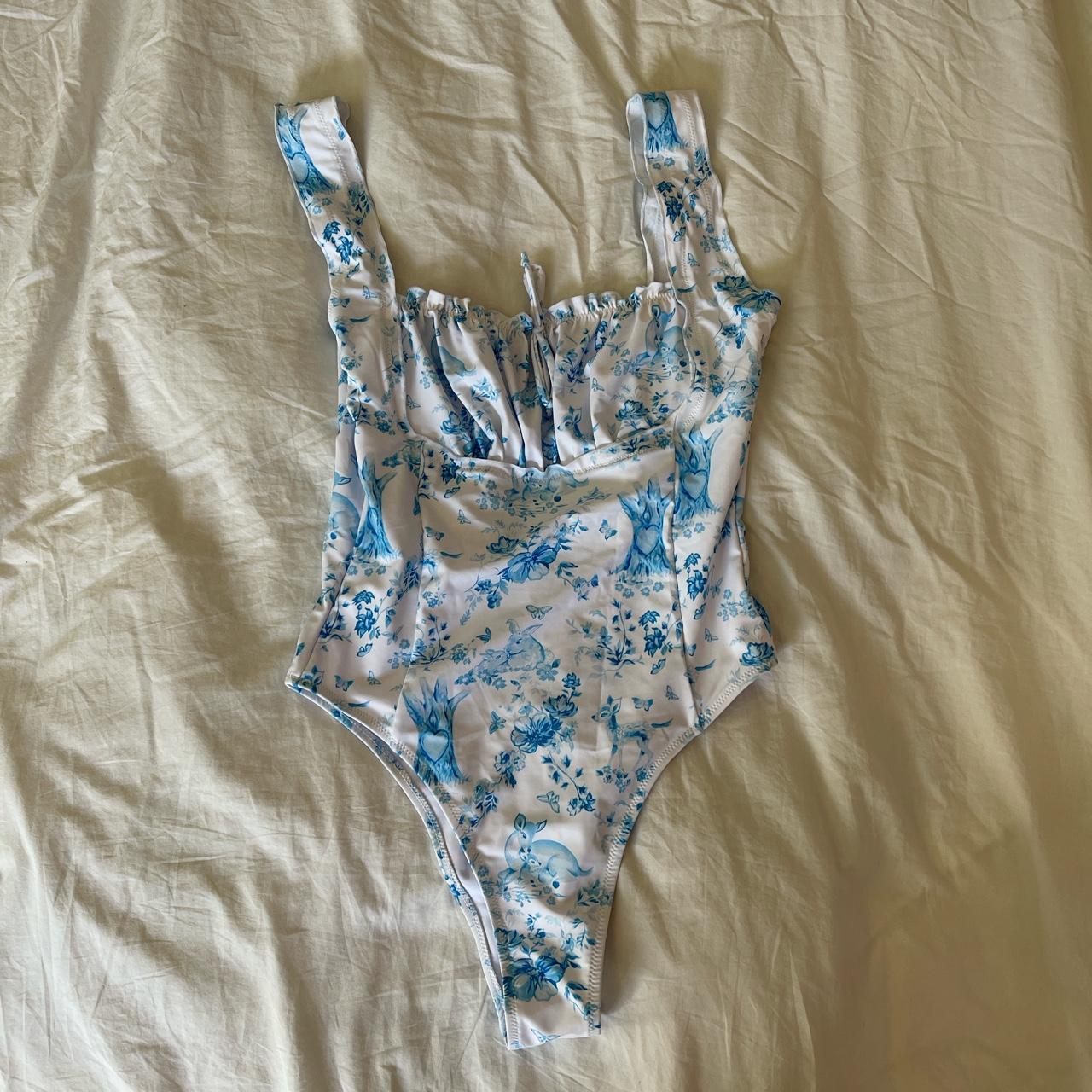 Cottagecore blue and white milkmaid swimsuit bodysuit x - Depop