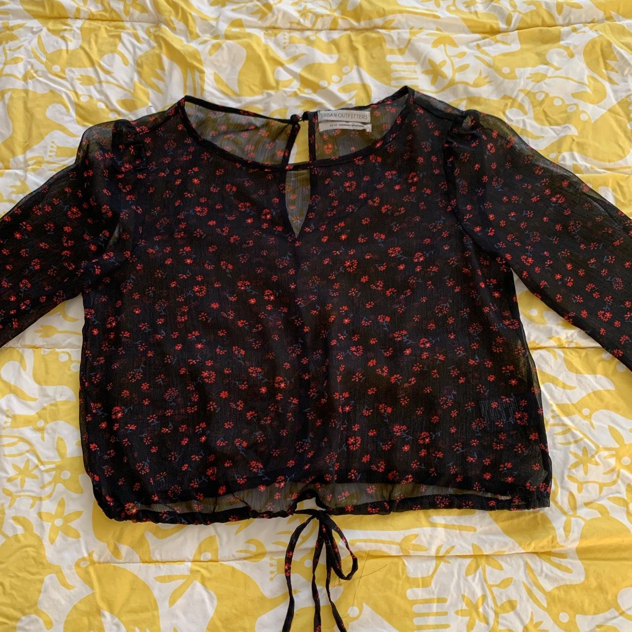 see through black with red flowers blouse overlay... - Depop