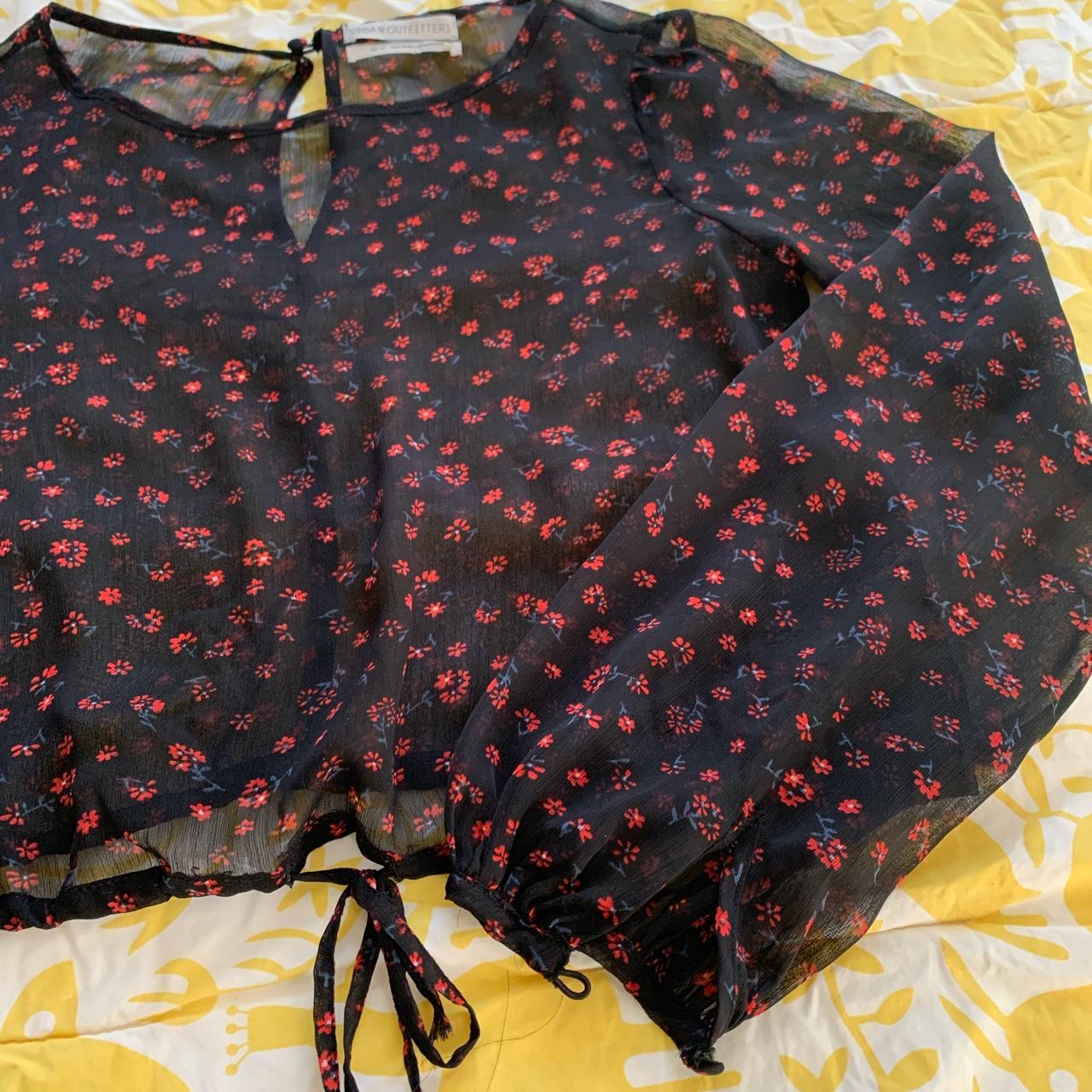 see through black with red flowers blouse overlay... - Depop