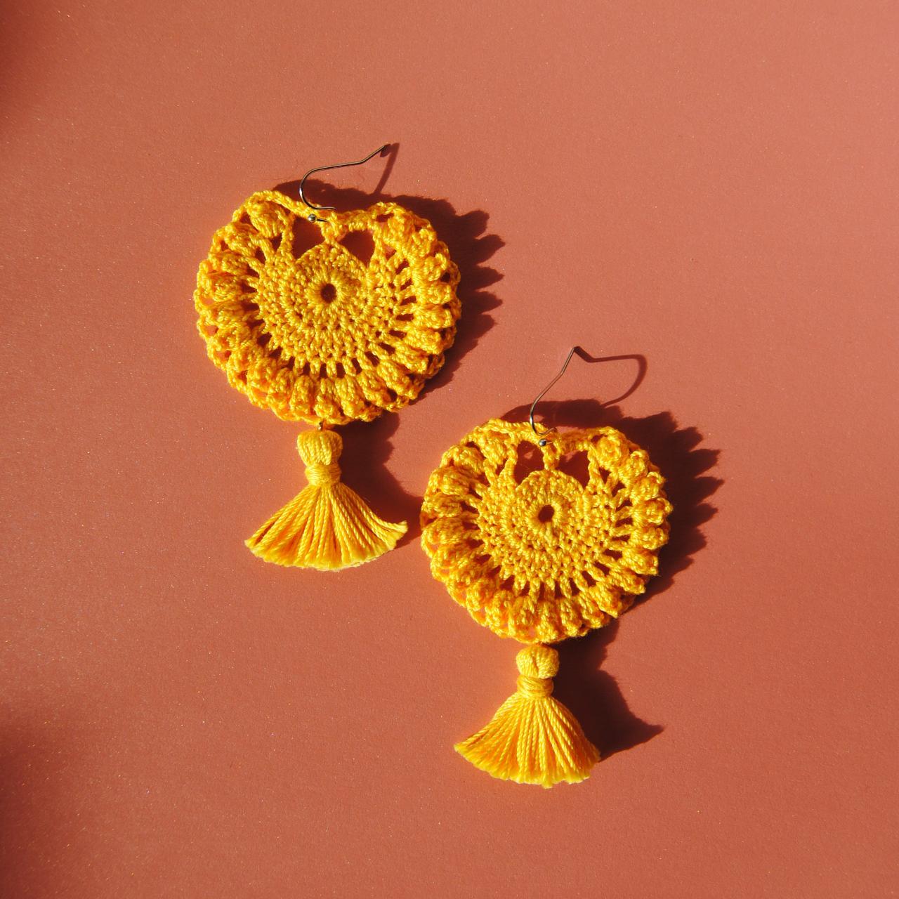 Yellow Crochet Tassel Earrings Decorative bright... Depop
