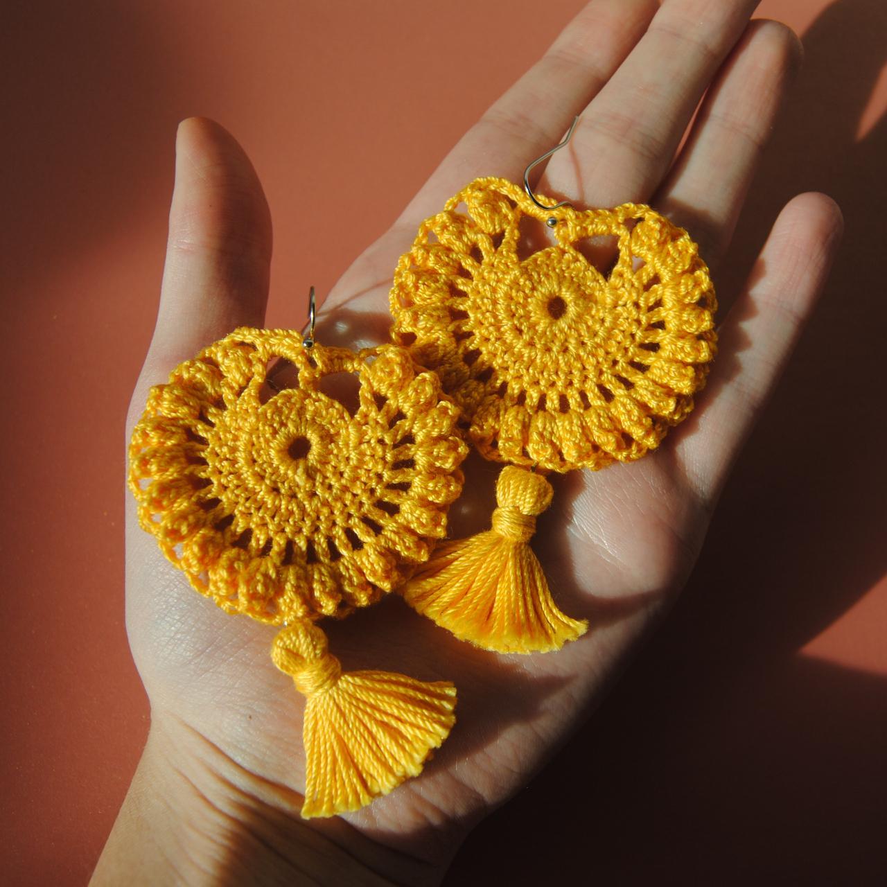 Yellow Crochet Tassel Earrings Decorative bright... - Depop